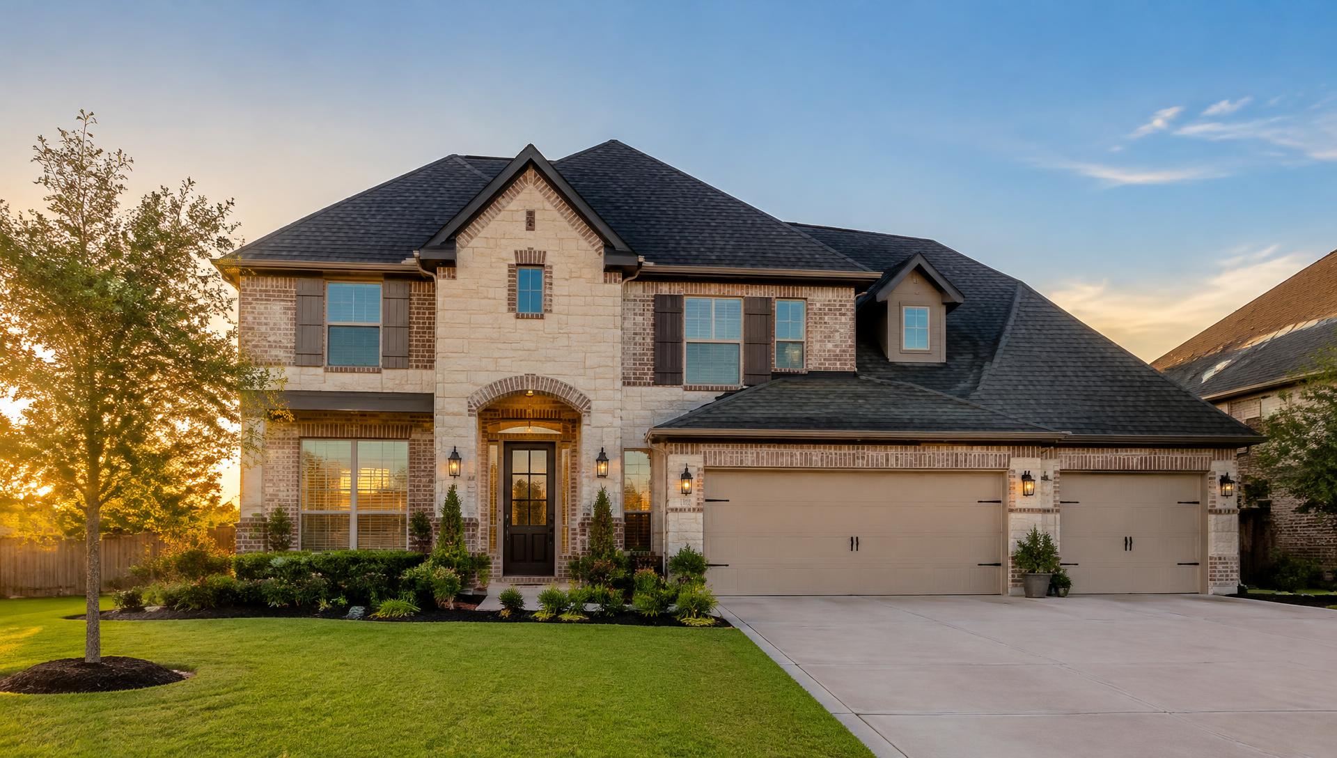 Two-story Dallas home with a new dark shingle roof at sunset